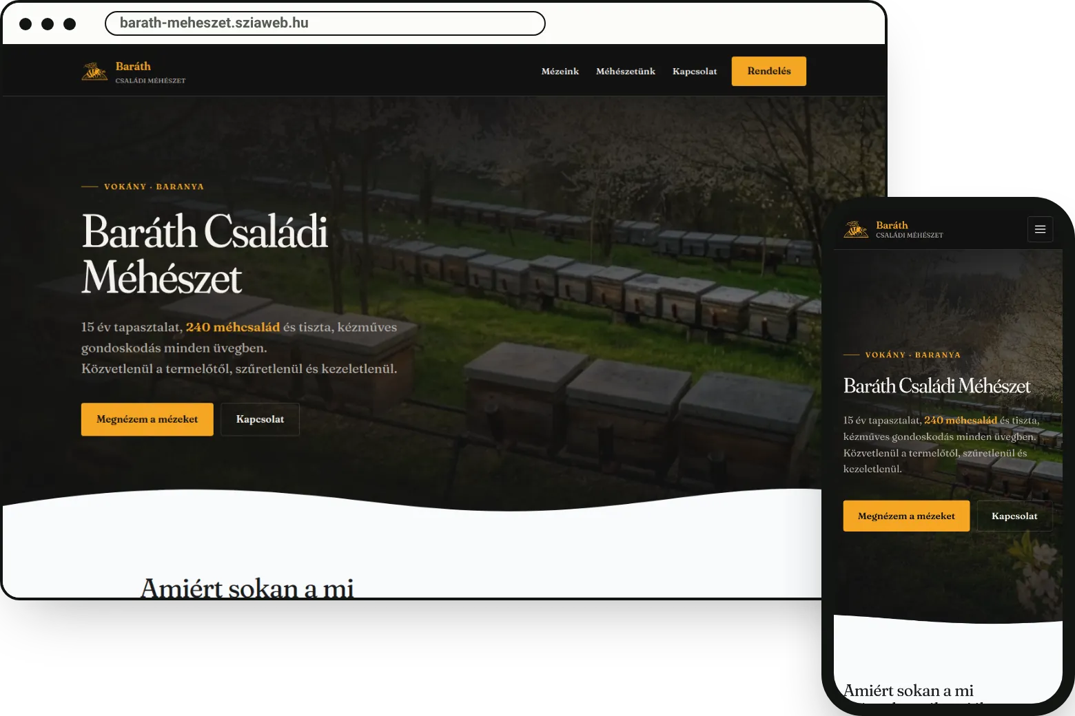 A Baráth Méhészet oldala asztali gépen és telefonon