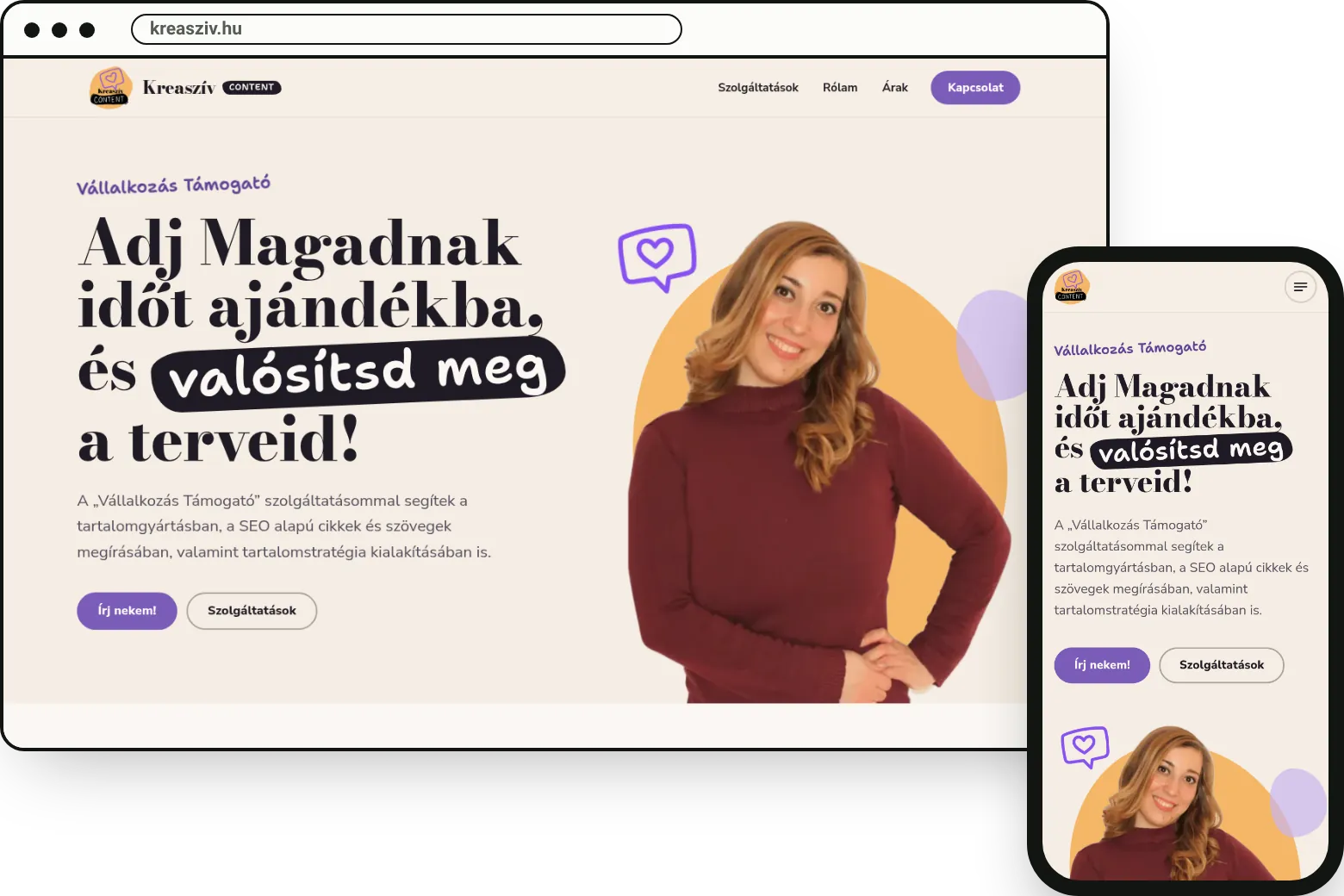 A Kreaszív Content oldala asztali gépen és telefonon